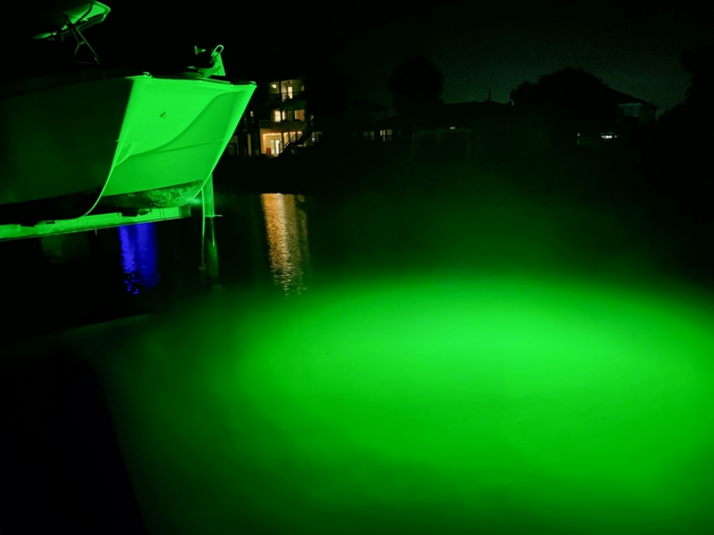 A close-up of an LED underwater dock light submerged in water.