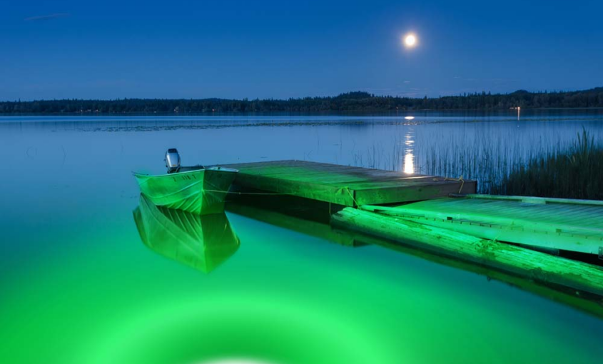 A green colored underwater LED light near the dock.