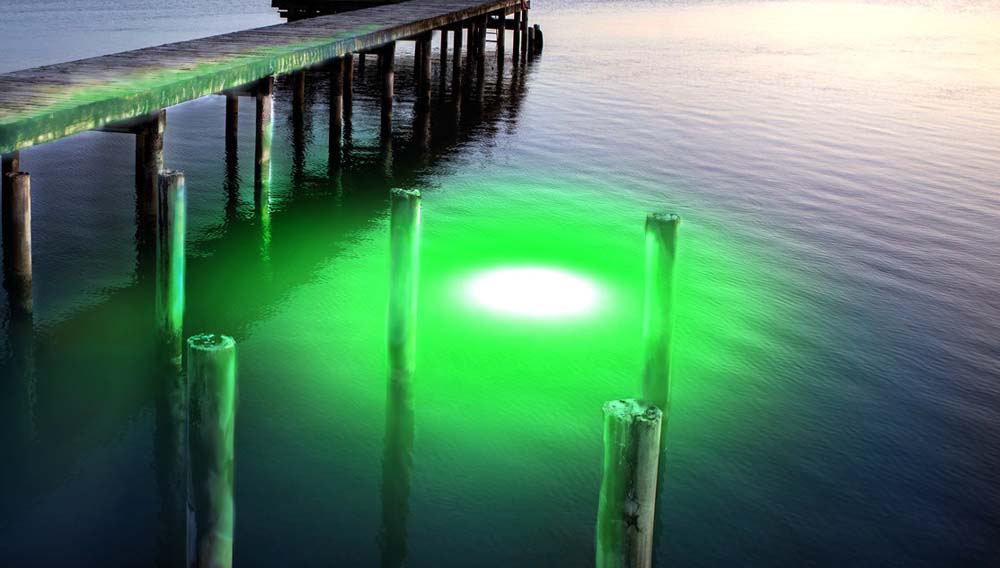 A green colored underwater LED light near a dock.