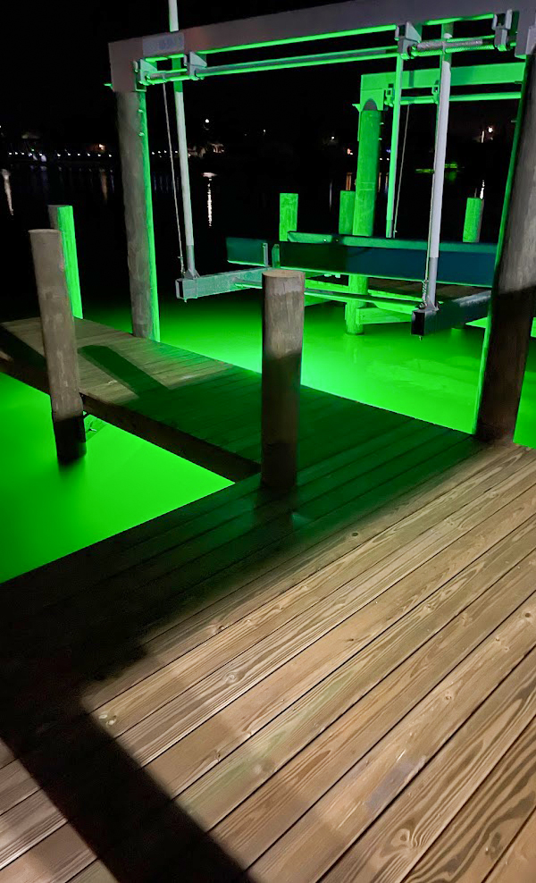  A dock area lit up by underwater LED lighting. 