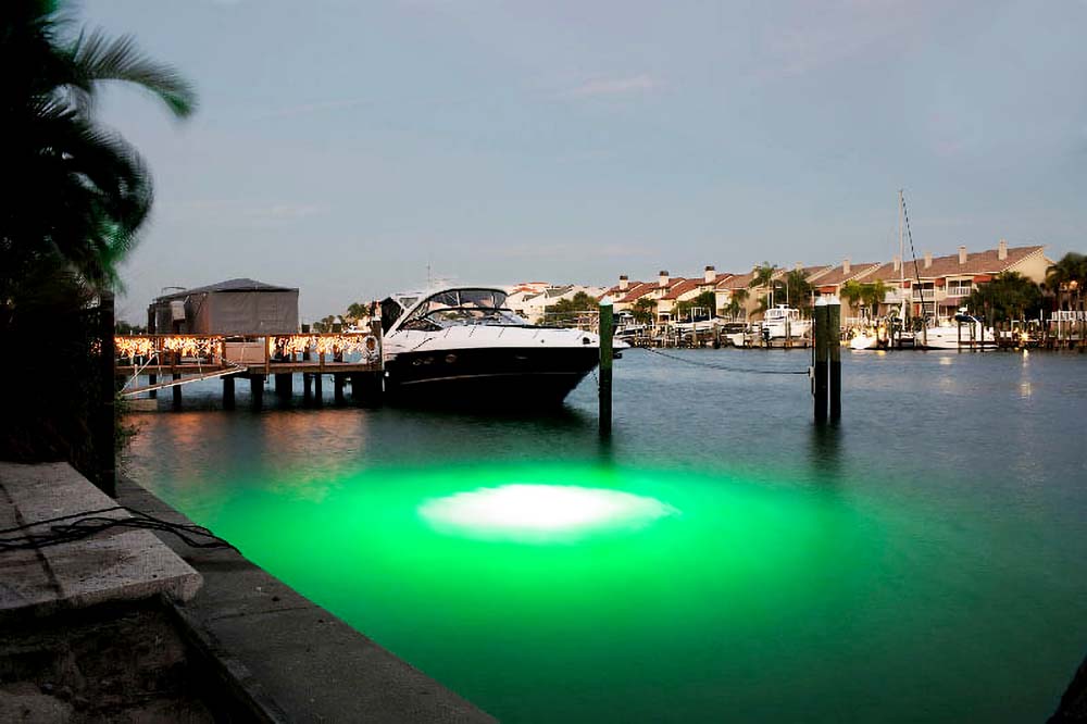 A green colored underwater LED light. 