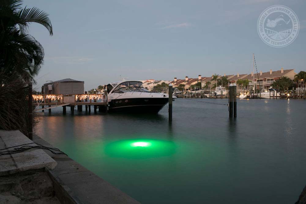 A green colored underwater light. 
