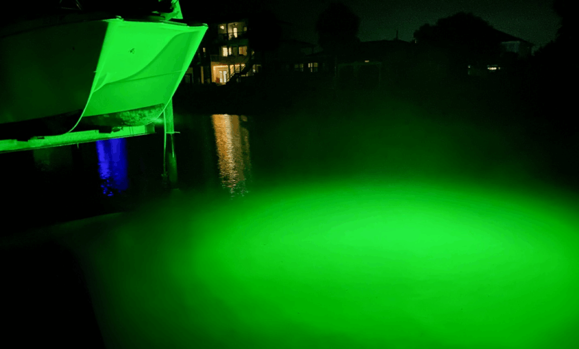 A green colored underwater LED light.