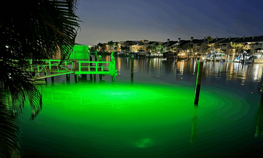 An underwater LED light near a dock area.