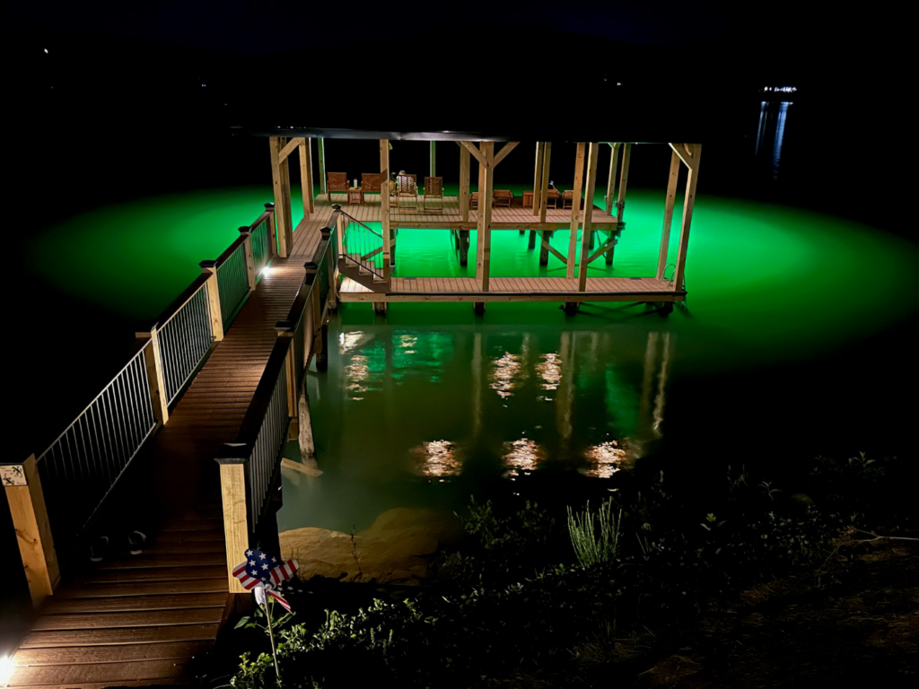 A dock illuminated by underwater LED lights