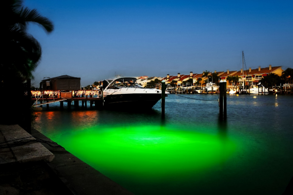 water illuminated by green lights