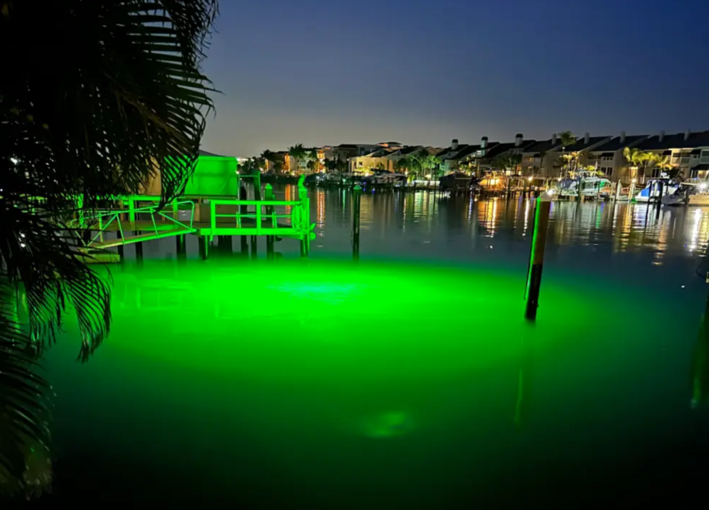A green colored light next to a dock area. 